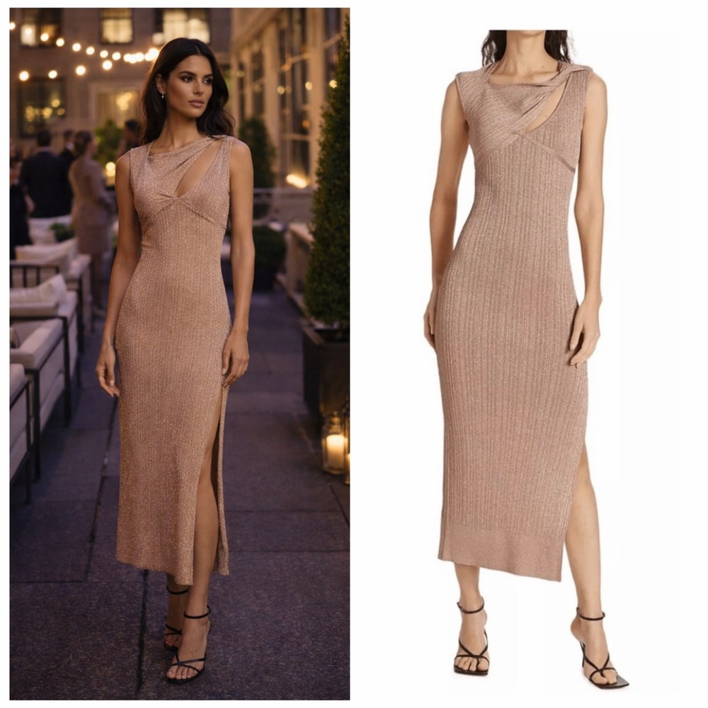 AKNVAS Gold Glitter Midi Dress Twist Front Small Cocktail Wedding Guest NWT 🟠